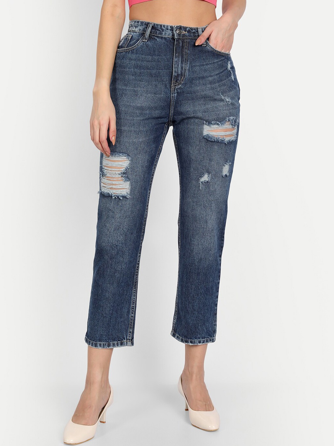 

Lorem Ginzo Women Blue Boyfriend Fit High-Rise Mildly Distressed Heavy Fade Jeans