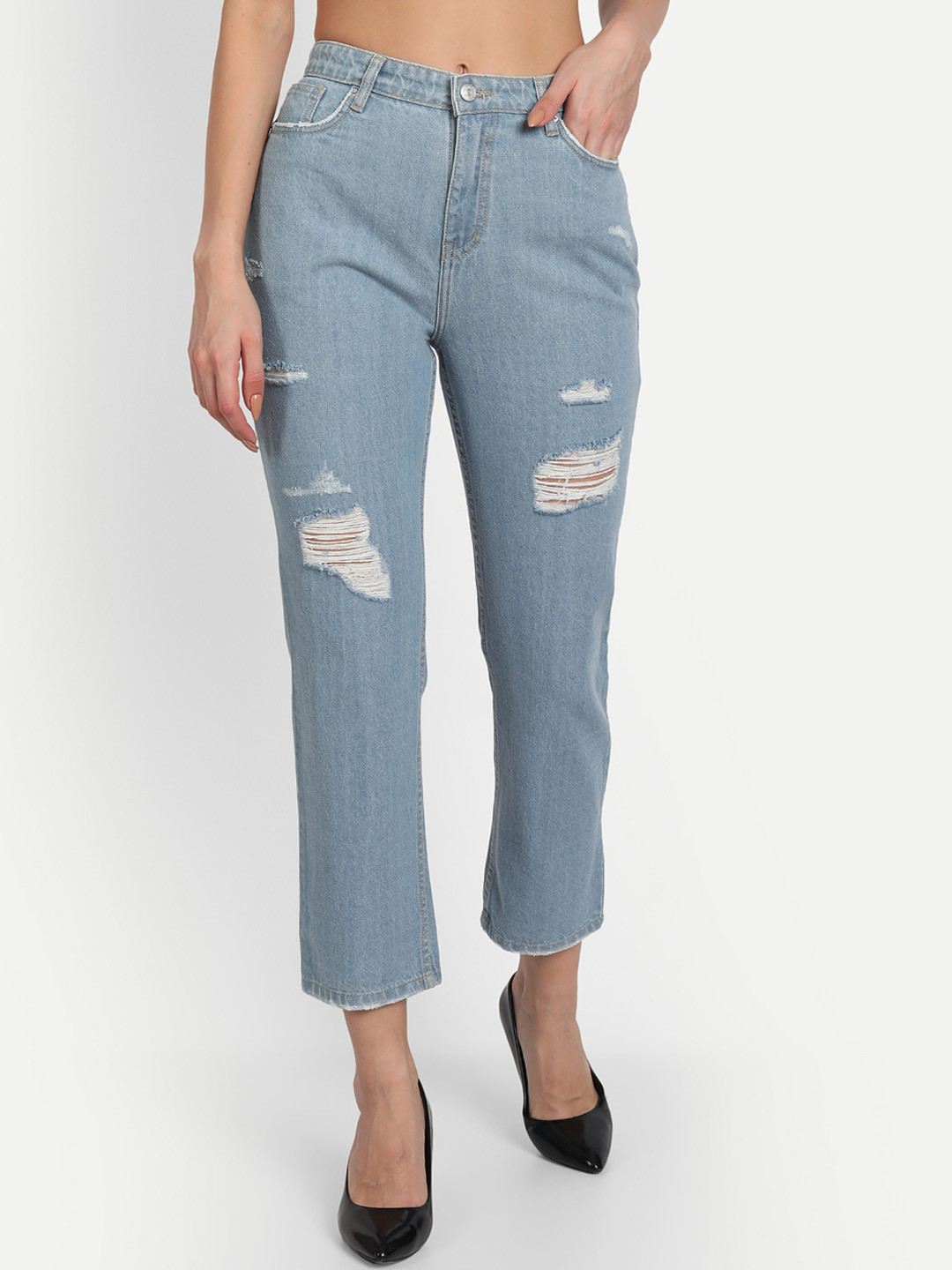 

Lorem Ginzo Women Blue Boyfriend Fit High-Rise Mildly Distressed Jeans