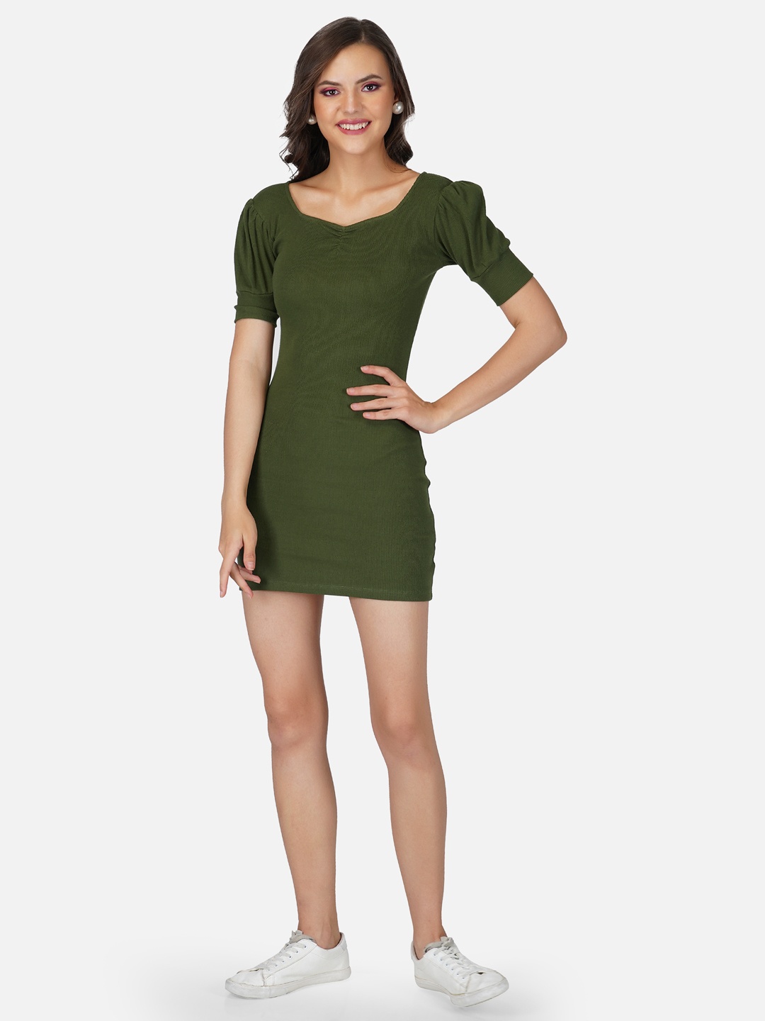 

Tinted Women Olive Green Ribbed Puff Sleeves Sweetheart Neck Cotton Sheath Mini Dress