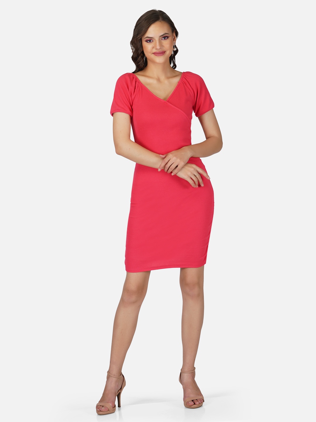 

Tinted Women Pink Ribbed Short Sleeves V Neck Cotton Wrap Design Sheath Mini Dress