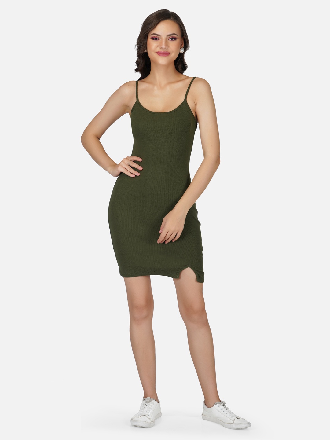 

Tinted Women Olive Green Solid Shoulder Straps Bodycon Dress