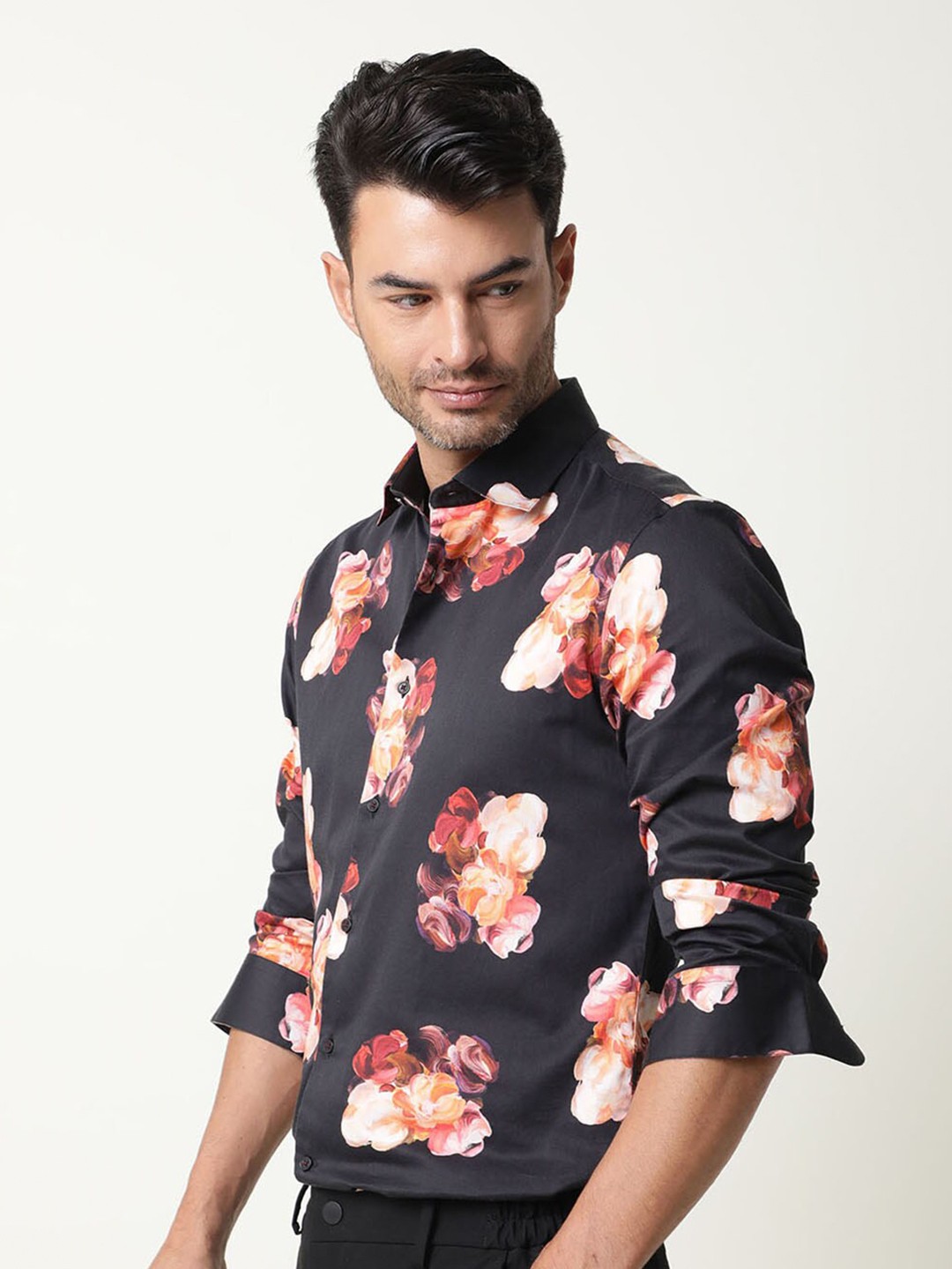 

RARE RABBIT Men Zinnia Slim Fit Floral Printed Cotton Shirt, Black