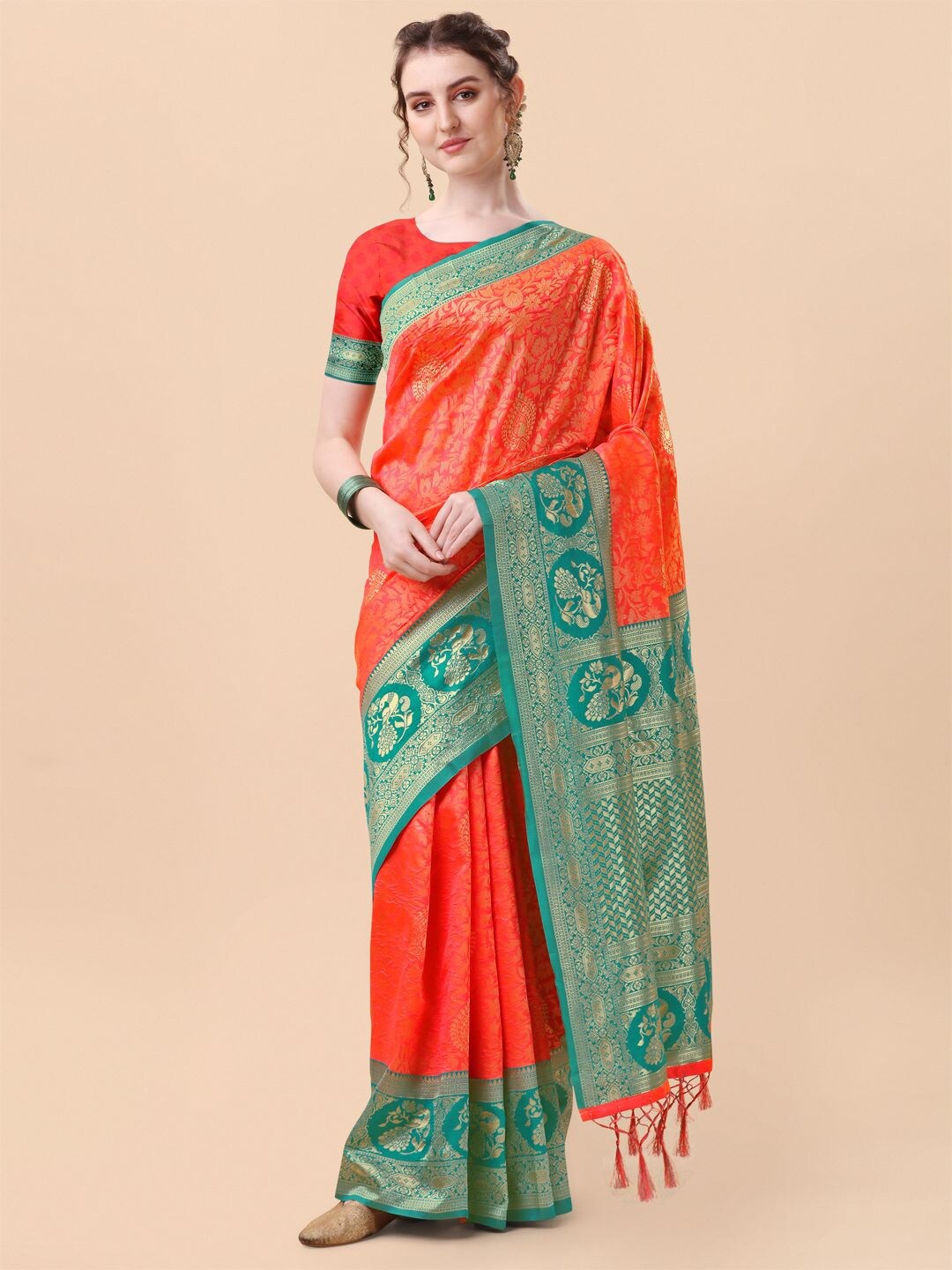 

Mitera Orange & Green Ethnic Motifs Zari Banarasi Saree