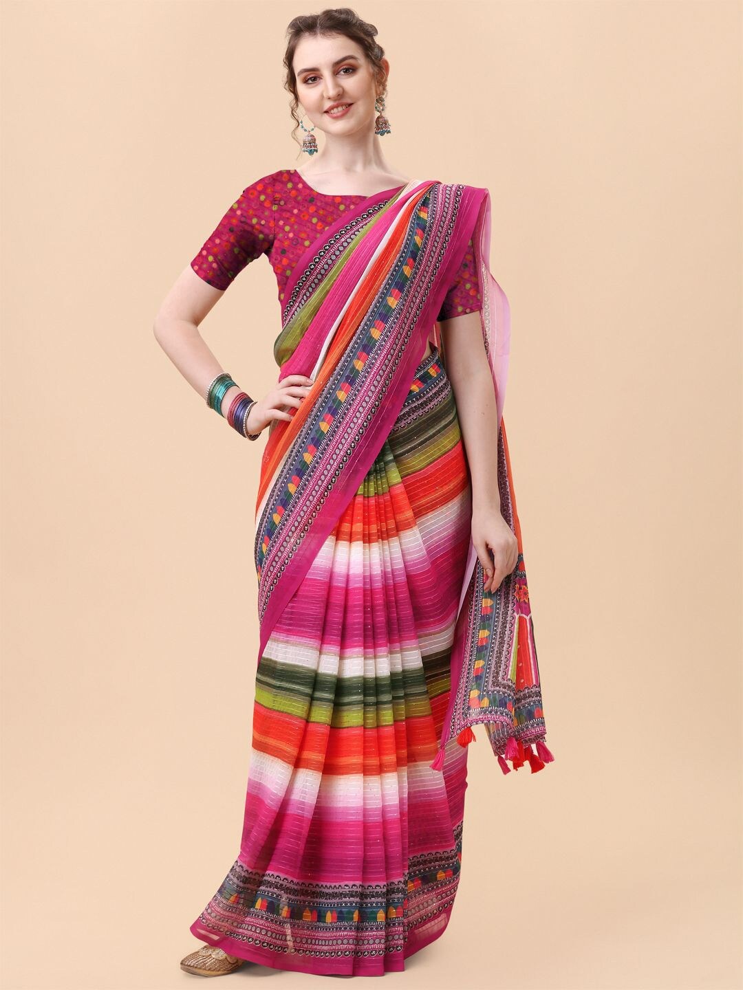 

Mitera Pink & Green Embellished Sequinned Pure Georgette Saree