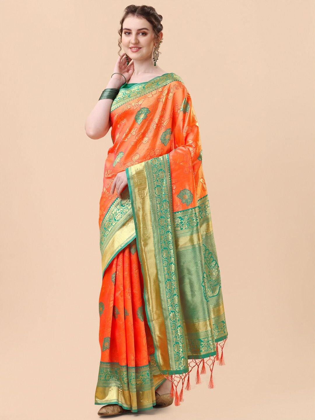 

Mitera Orange & Gold-Toned Woven Design Zari Silk Blend Banarasi Saree