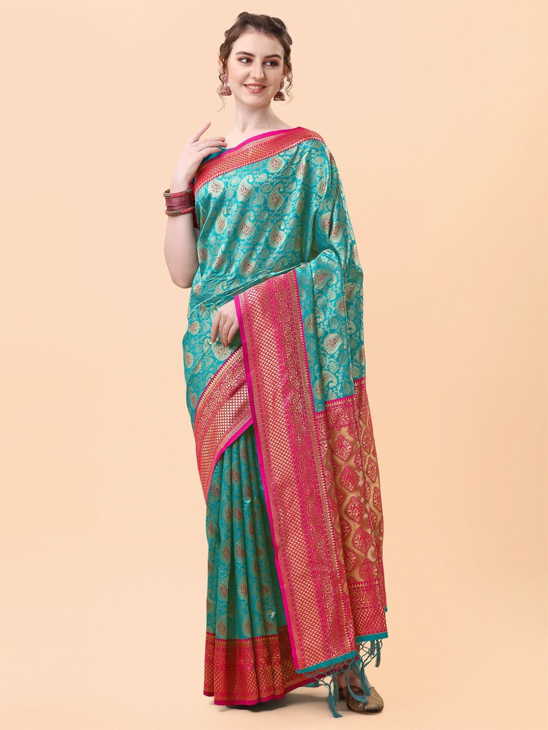 

Mitera Blue & Orange Paisley Zari Silk Blend Banarasi Saree