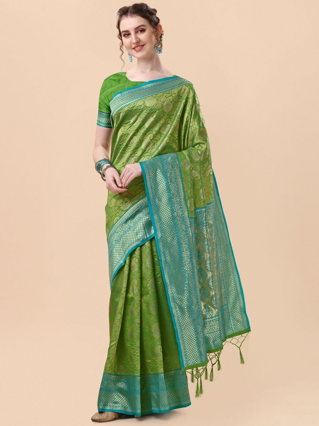 

Mitera Green & Blue Woven Design Zari Silk Blend Banarasi Saree