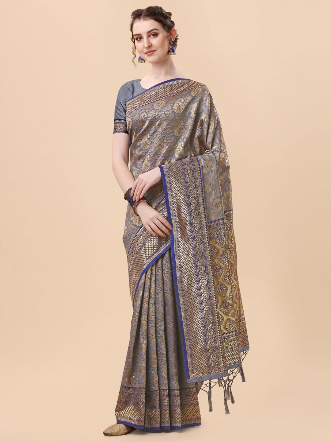 

Mitera Grey & Gold-Toned Woven Design Zari Silk Blend Banarasi Saree