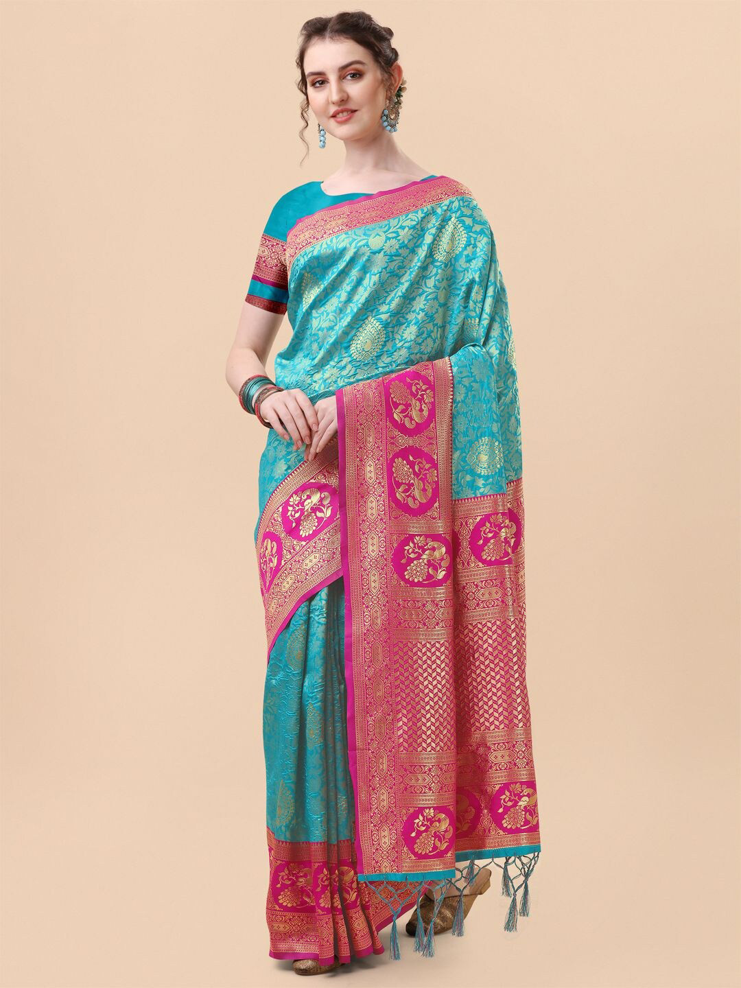 

Mitera Blue & Pink Ethnic Motifs Banarasi Saree