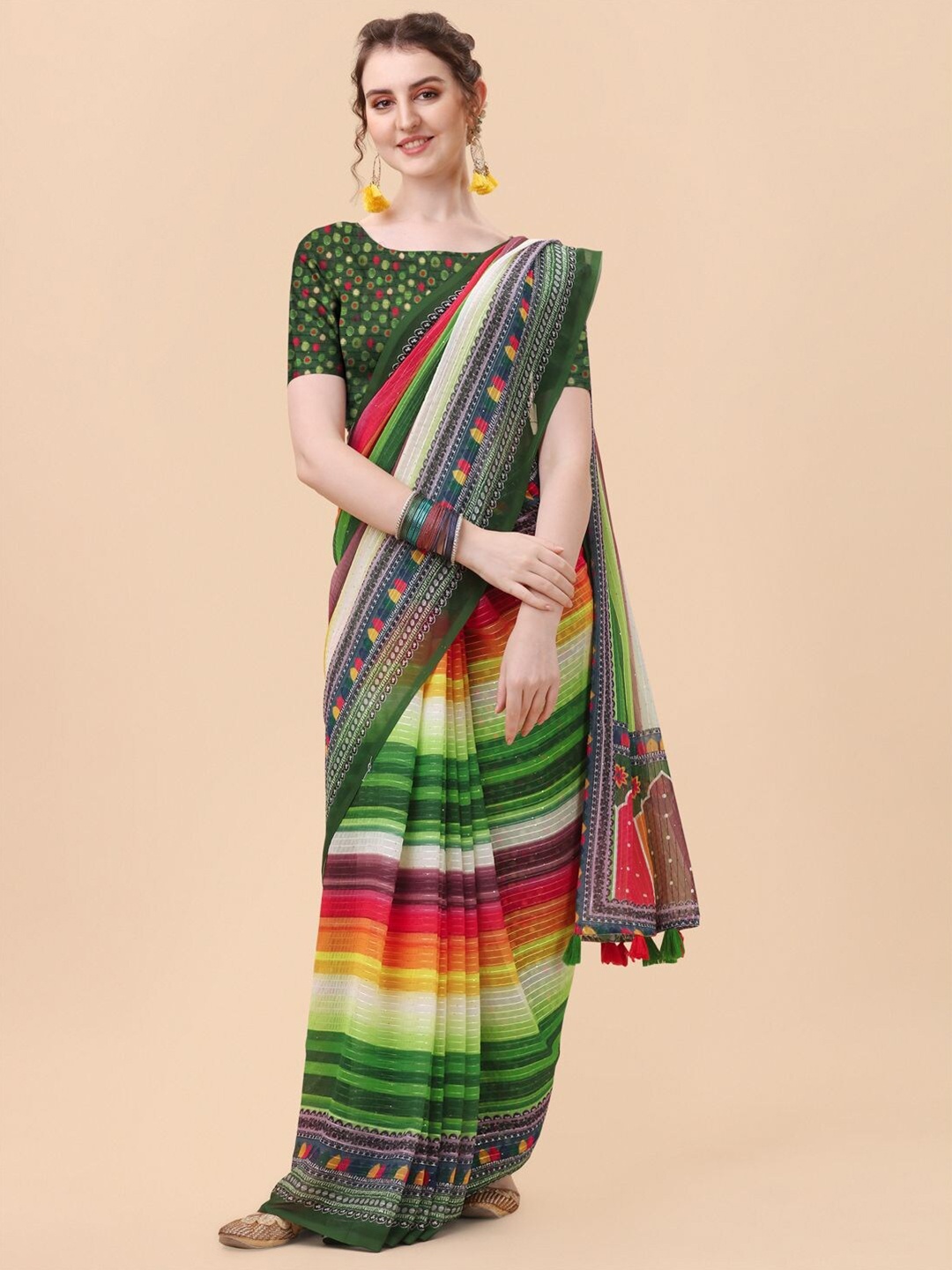 

Mitera Green & Orange Striped Sequinned Pure Georgette Saree