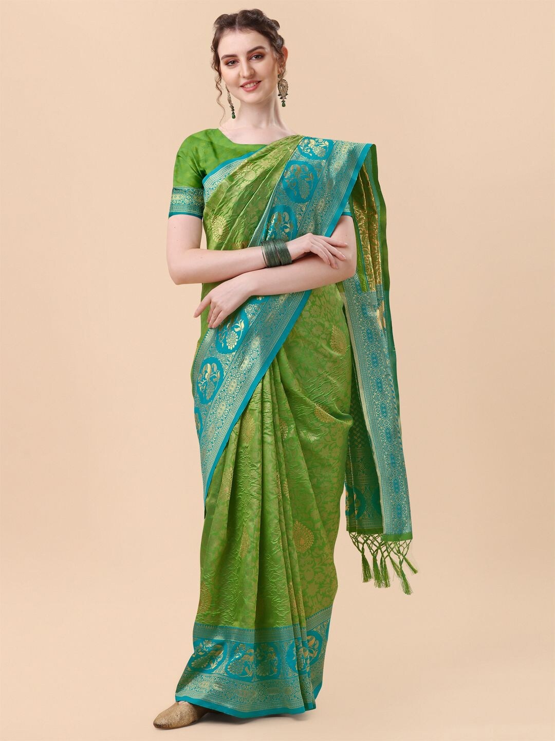 

Mitera Green & Blue Woven Design Zari Silk Blend Banarasi Saree