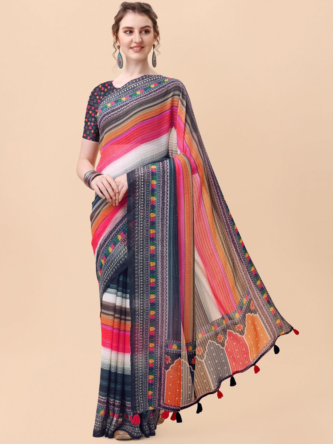 

Mitera Navy Blue & White Ethnic Motifs Pure Georgette Saree