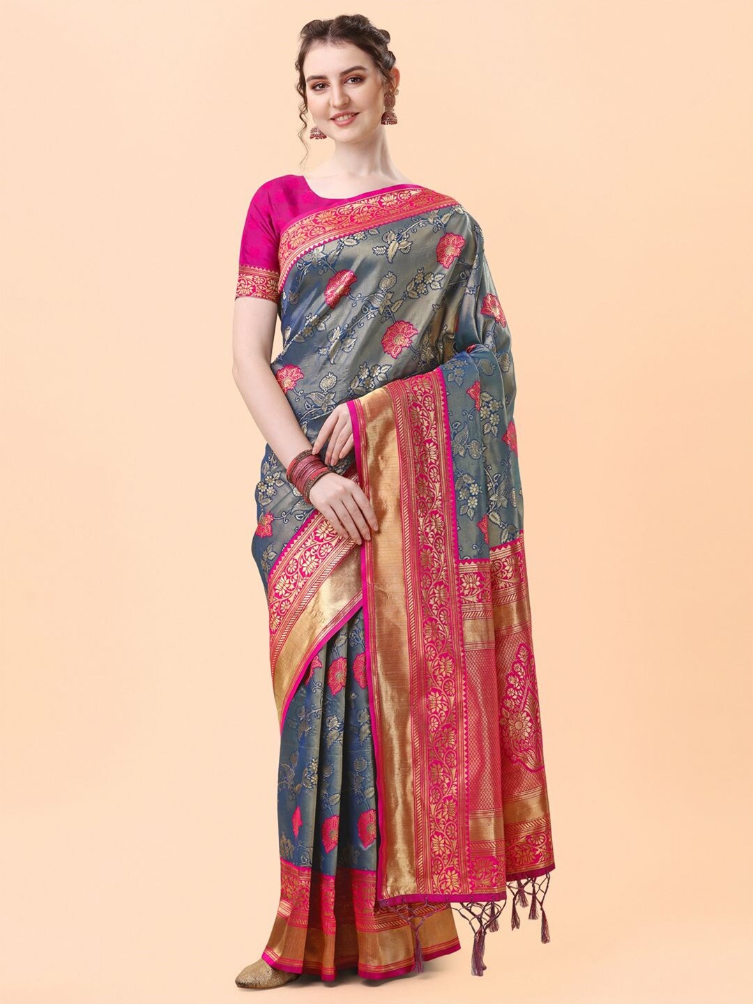 

Mitera Grey & Pink Woven Design Zari Silk Blend Banarasi Saree