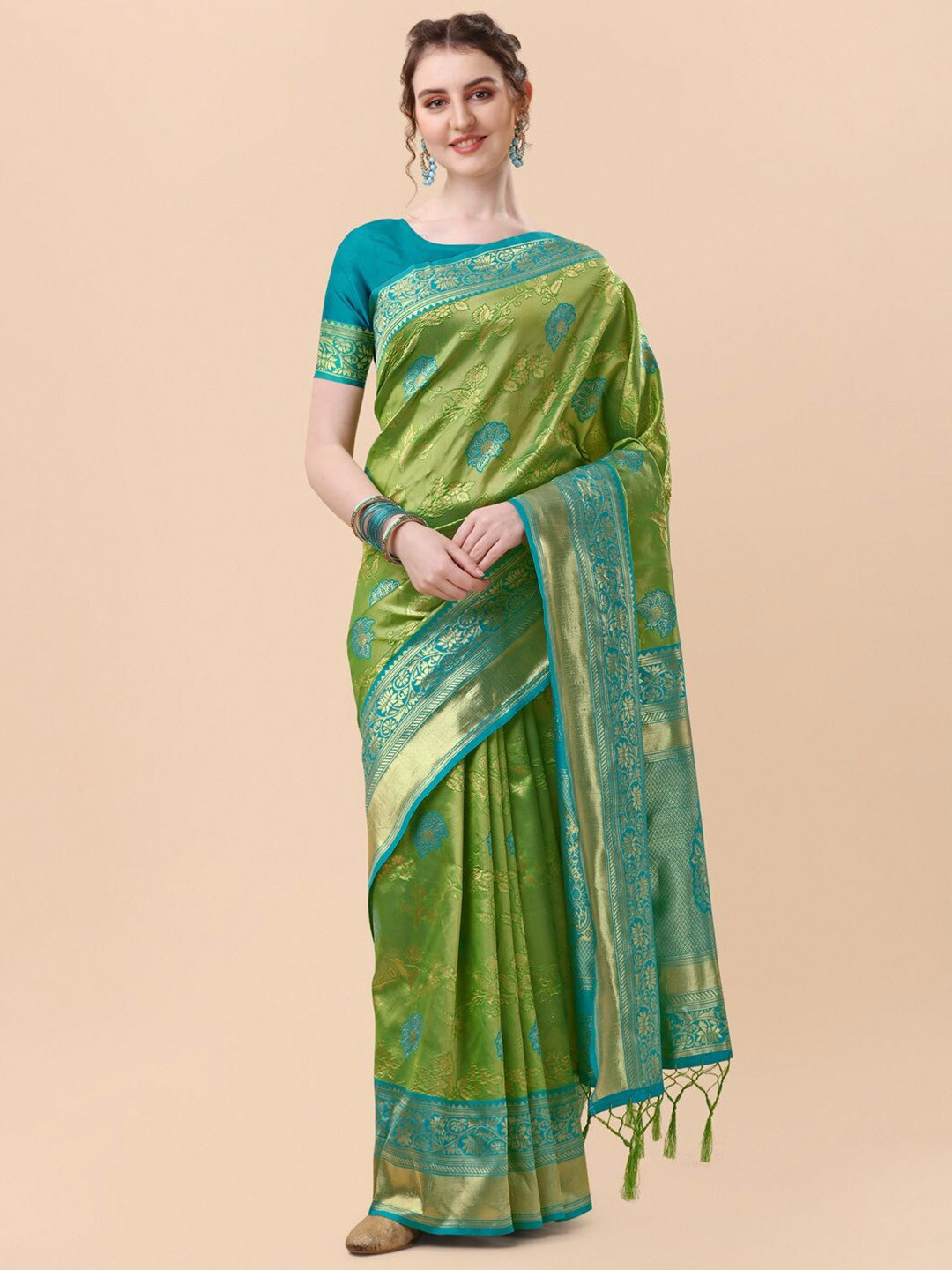 

Mitera Green & Blue Floral Zari Silk Blend Banarasi Saree