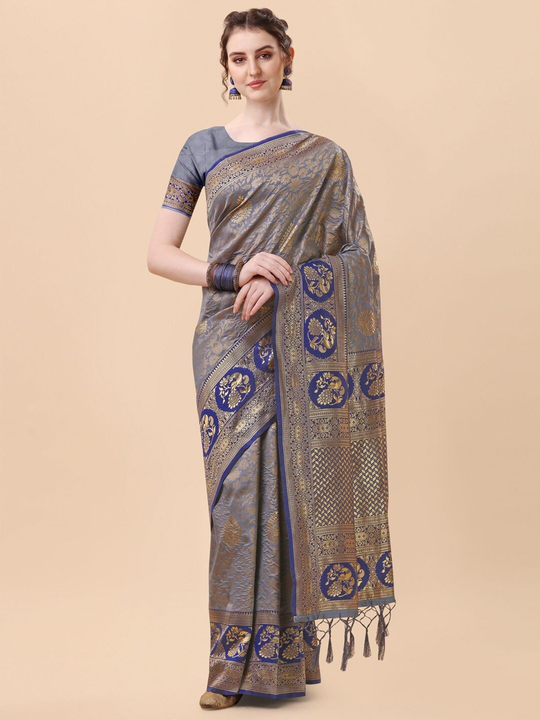 

Mitera Grey & Gold-Toned Ethnic Motifs Zari Banarasi Saree