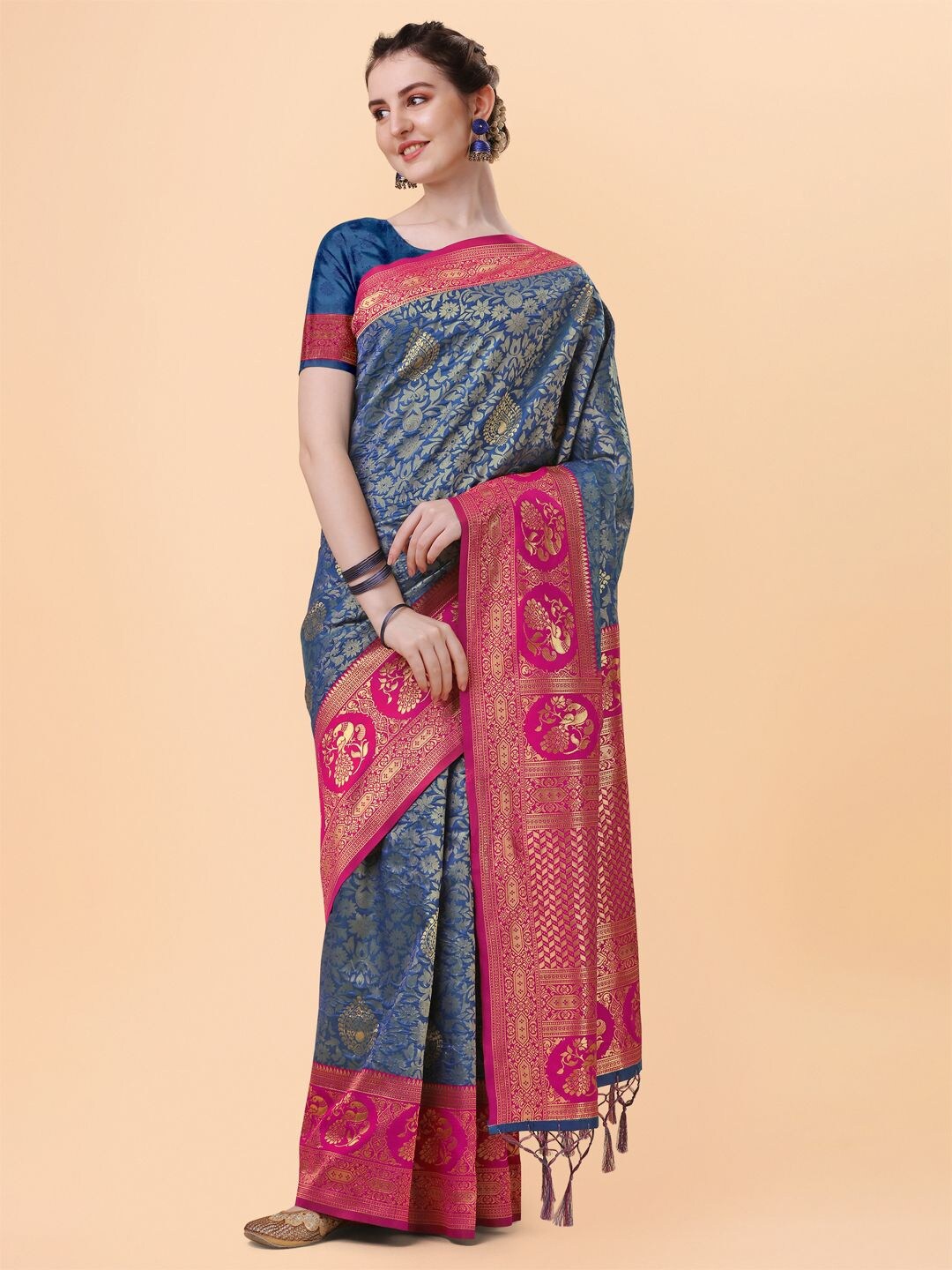 

Mitera Navy Blue & Pink Floral Zari Silk Blend Banarasi Saree