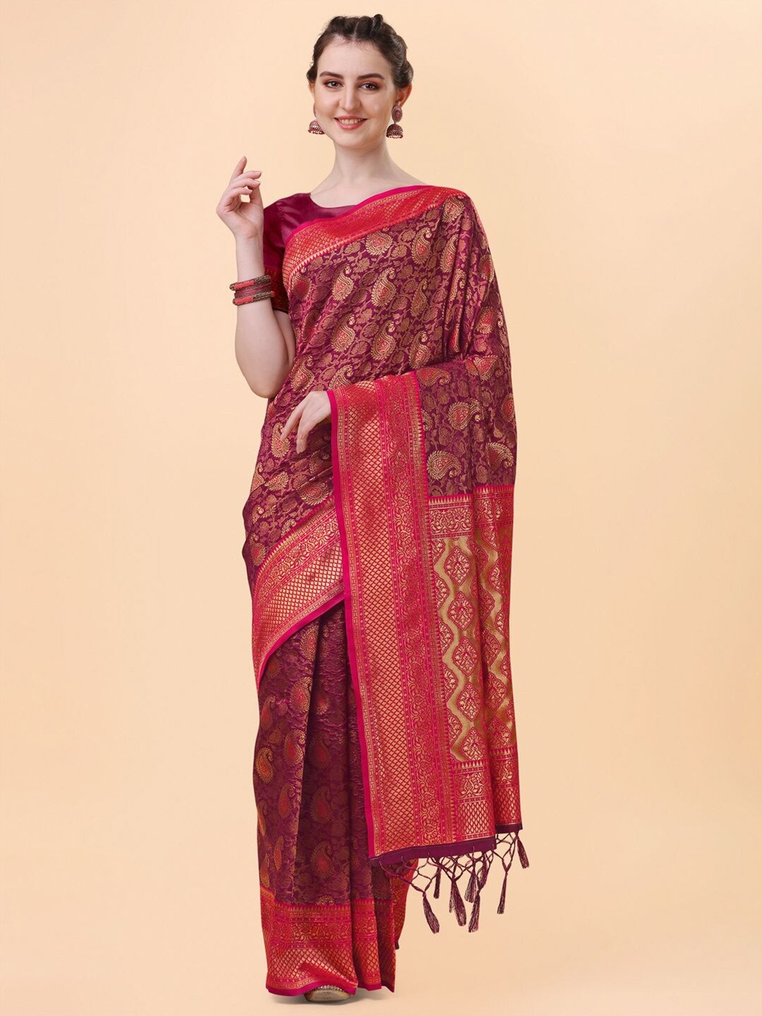 

Mitera Maroon & Gold-Toned Woven Design Zari Silk Blend Banarasi Saree