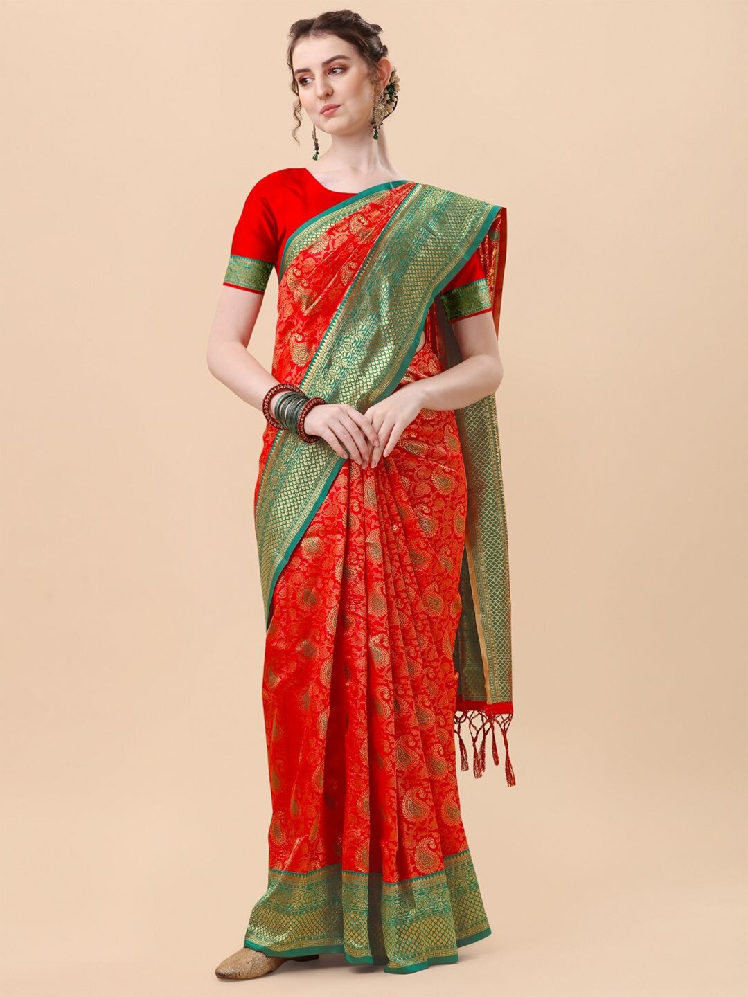 

Mitera Red & Green Ethnic Motifs Zari Banarasi Saree