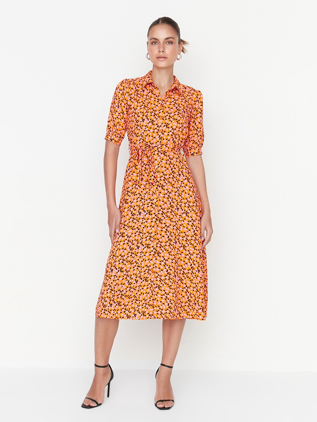 

Trendyol Women Orange & Black Floral Shirt Midi Dress
