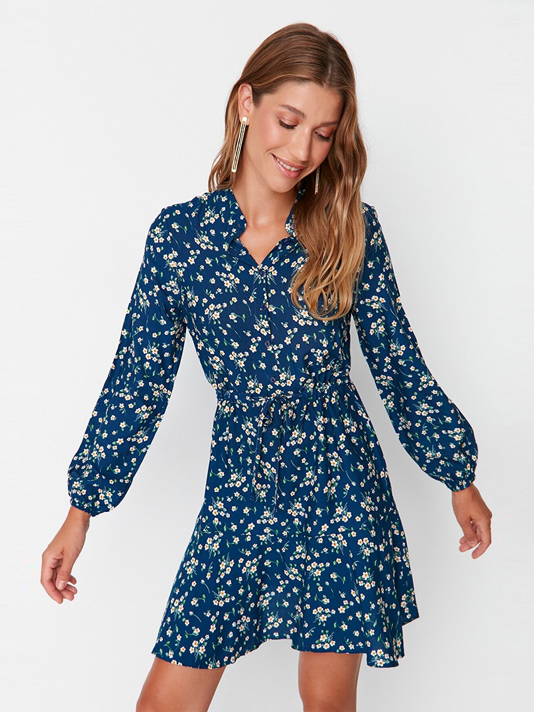 

Trendyol Women Navy Blue Floral Shirt Dress