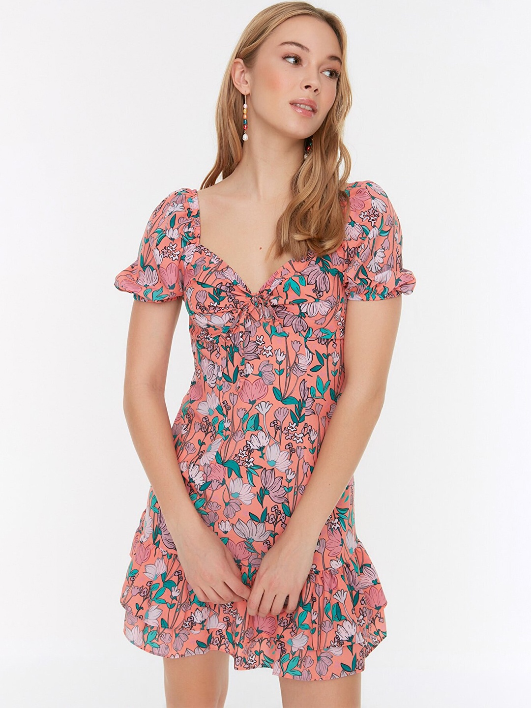 

Trendyol Peach-Coloured & Green Floral A-Line Mini Dress