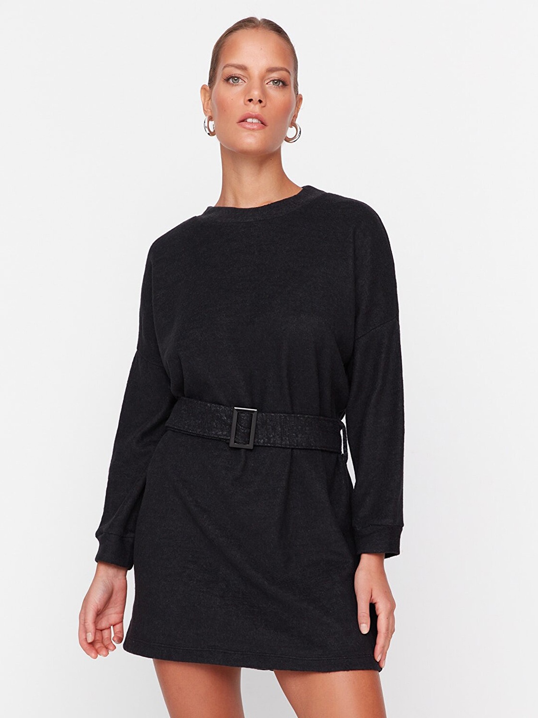 

Trendyol Women Black Solid Round Neck Long Sleeves Mini Dress