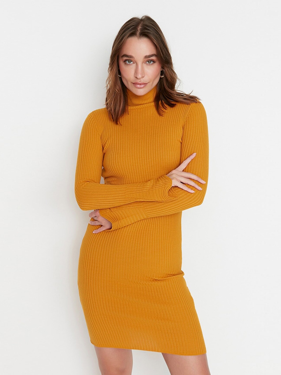 

Trendyol Women Mustard Yellow Long Sleeves High Neck Sweater Dress
