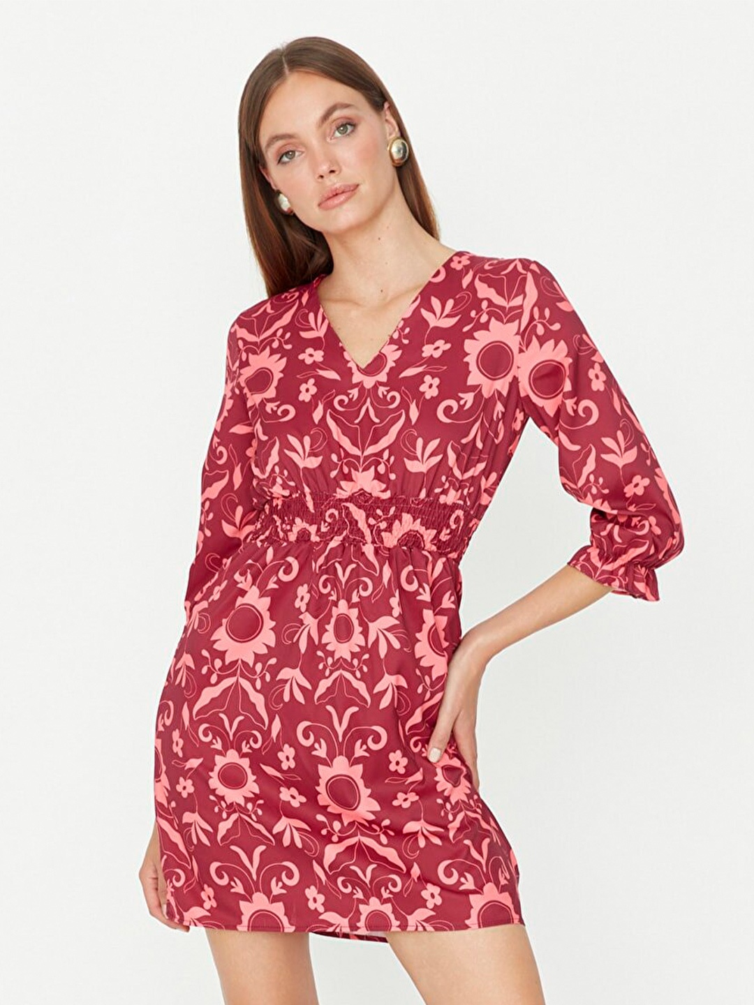 

Trendyol Maroon Floral A-Line Mini Dress