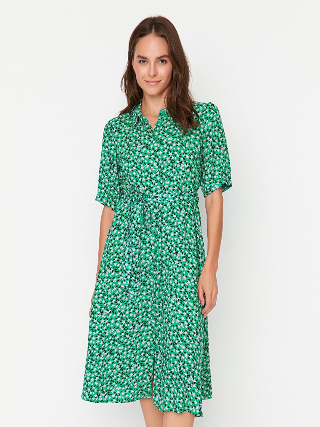 

Trendyol Women Green & White Floral Shirt Midi Dress