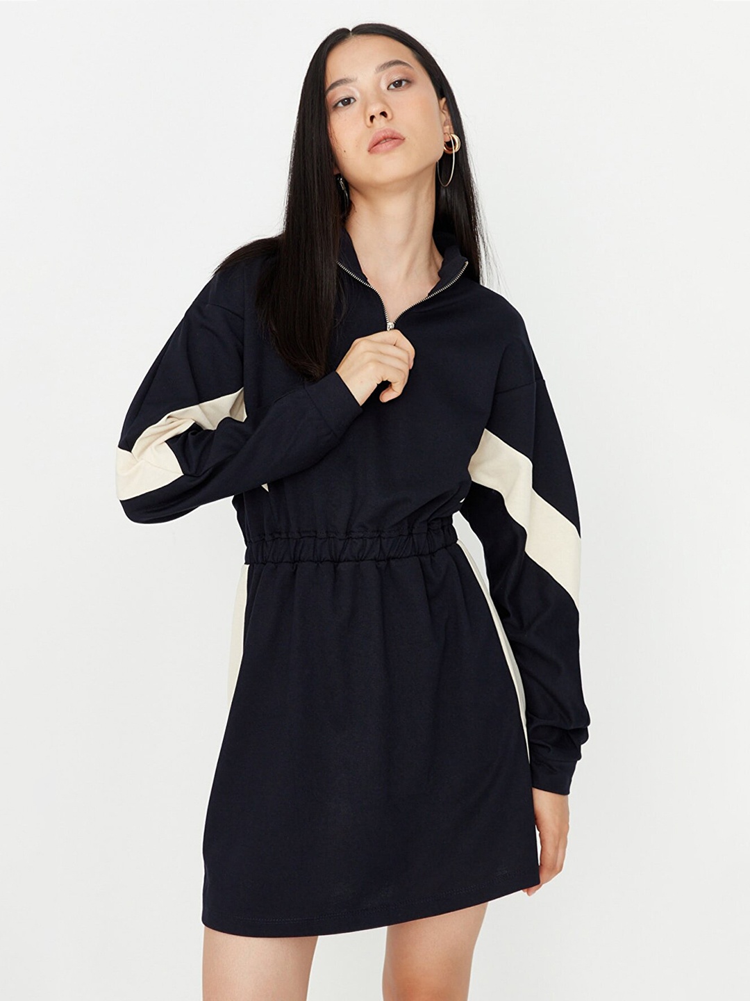 

Trendyol Navy Blue & Beige A-Line Mini Dress
