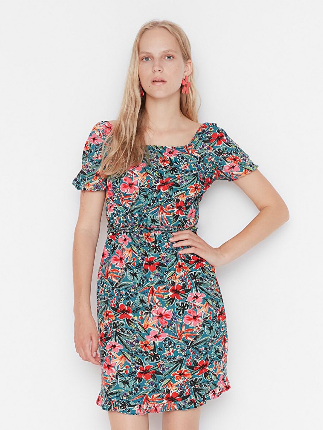 

Trendyol Black & Blue Floral Printed A-Line Mini Dress