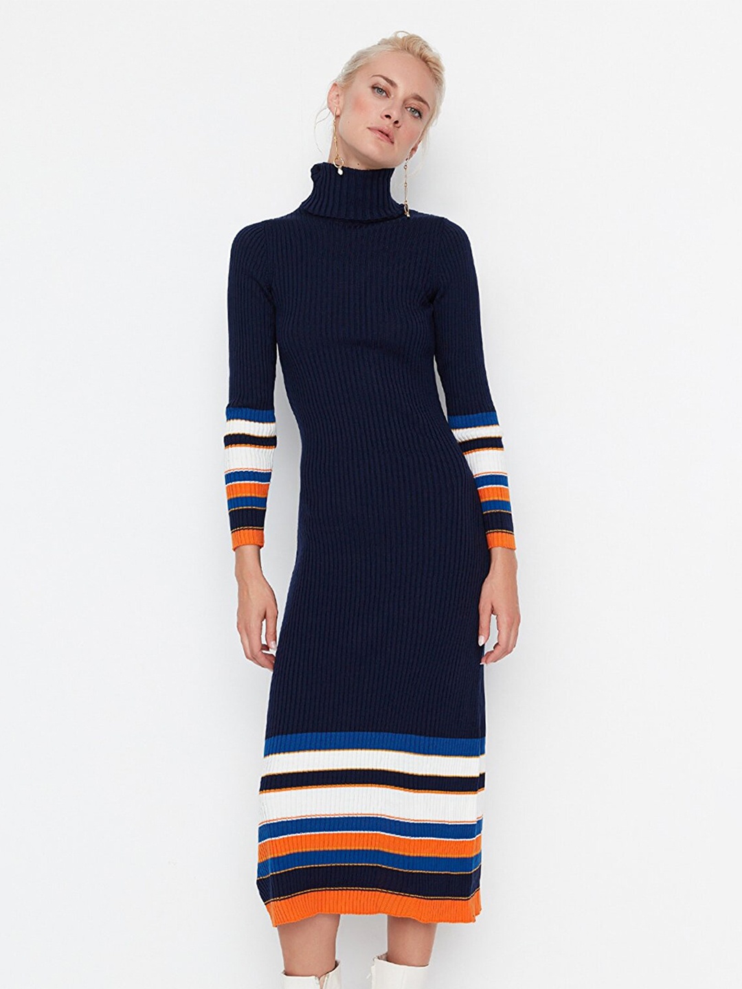 

Trendyol Women Navy Blue Striped Acrylic Midi Jumper Dress