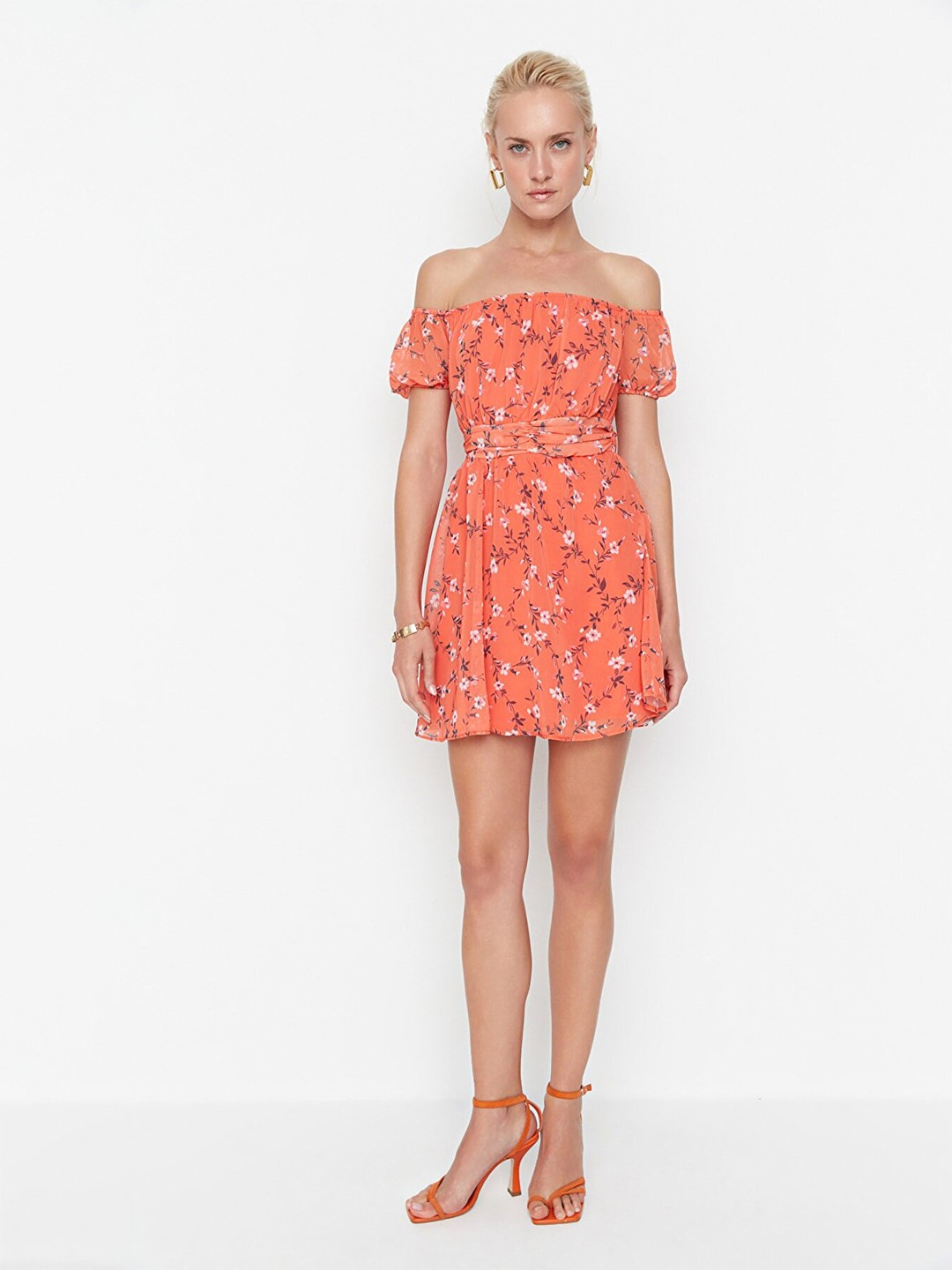

Trendyol Women Orange & White Floral Printed Off-Shoulder A-Line Mini Dress