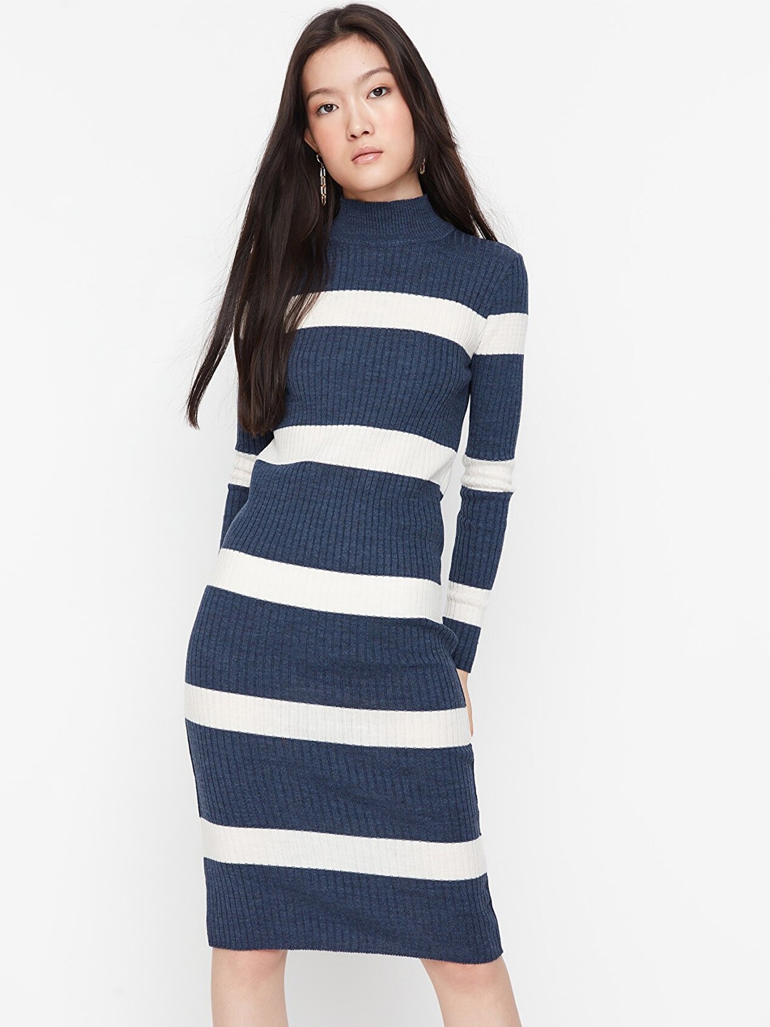 

Trendyol Women Navy Blue & White Striped Acrylic Sweater Dress