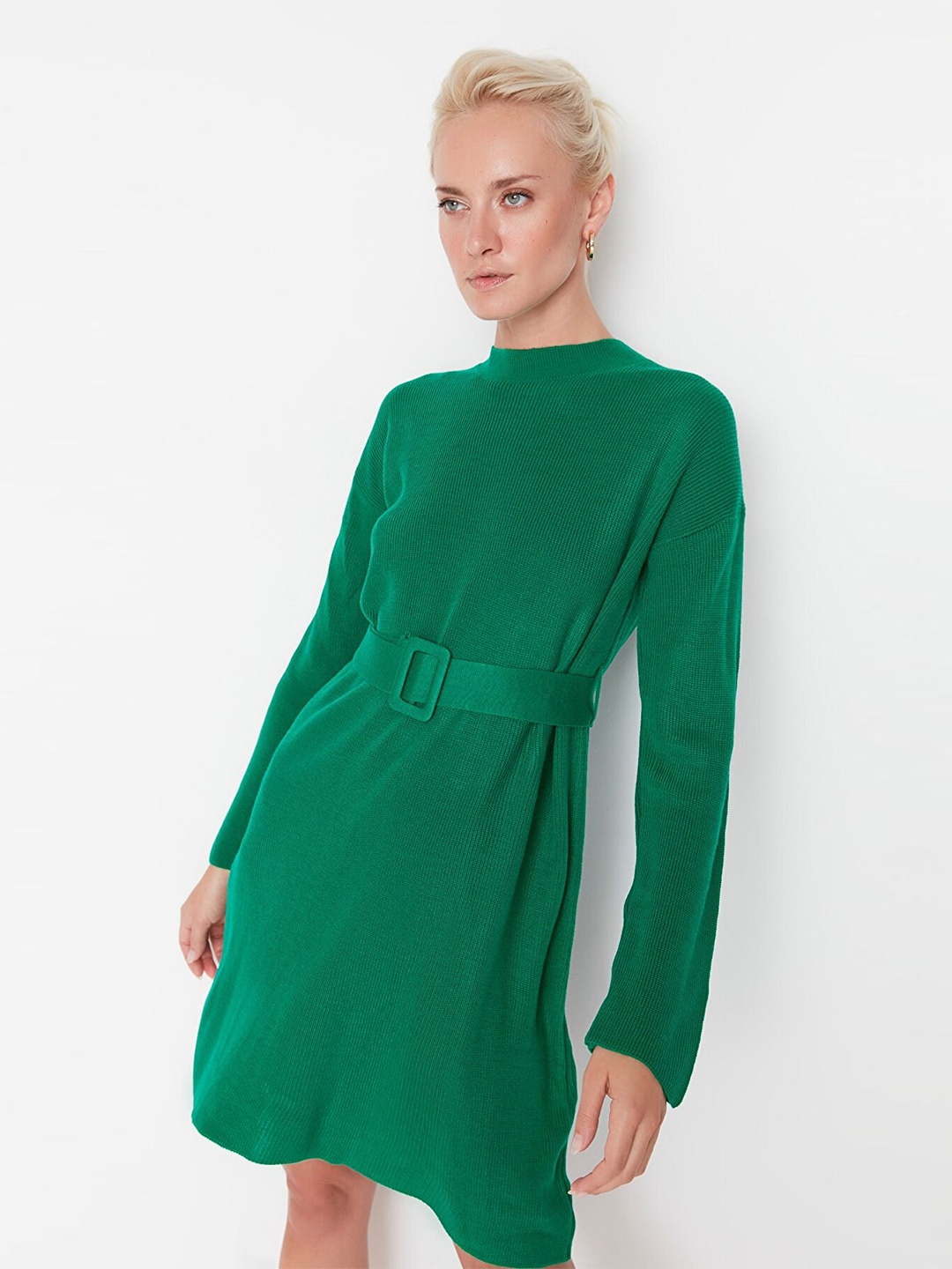 

Trendyol Women Green Solid High Neck Acrylic A-Line Dress