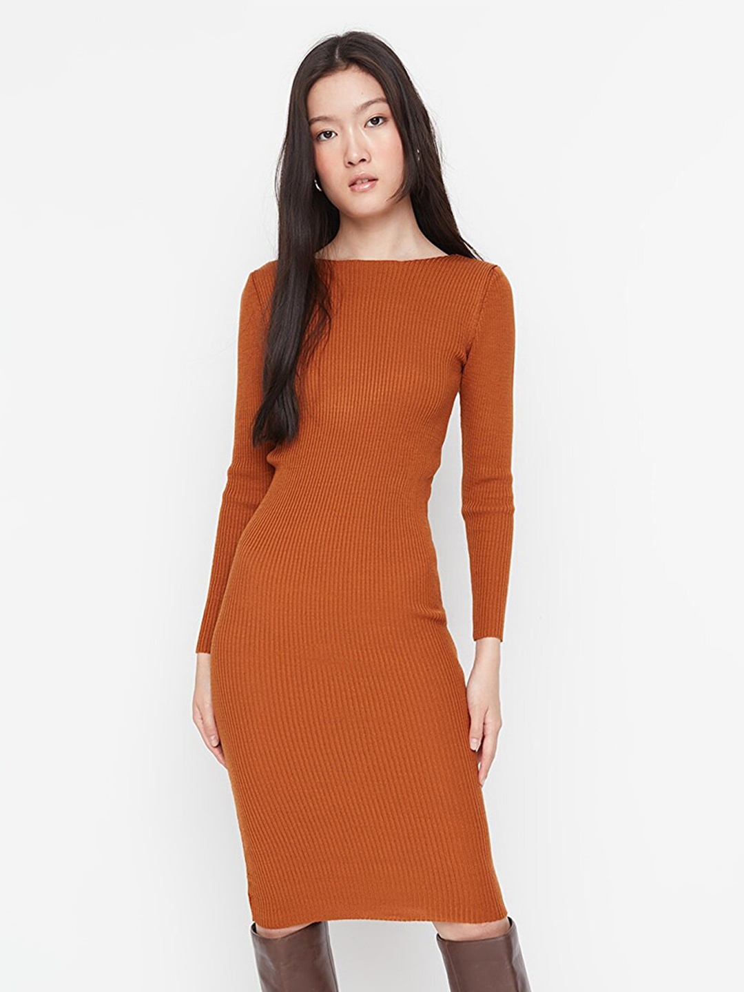 

Trendyol Women Brown Solid Acrylic Sweater Dress