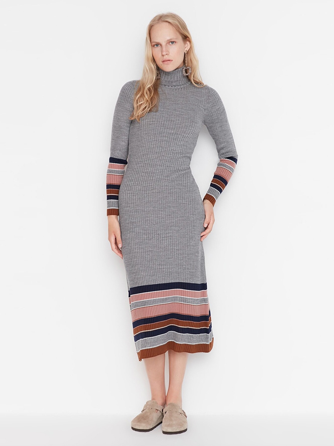 

Trendyol Women Charcoal Striped Acrylic Sweater Midi Dress