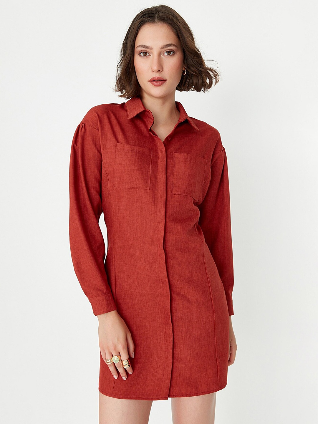 

Trendyol Women Rust Solid Shirt Dress