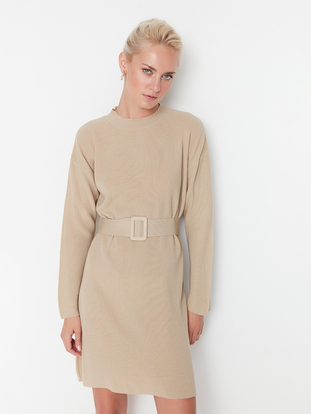 

Trendyol Women Beige Solid Acrylic Belted Dress