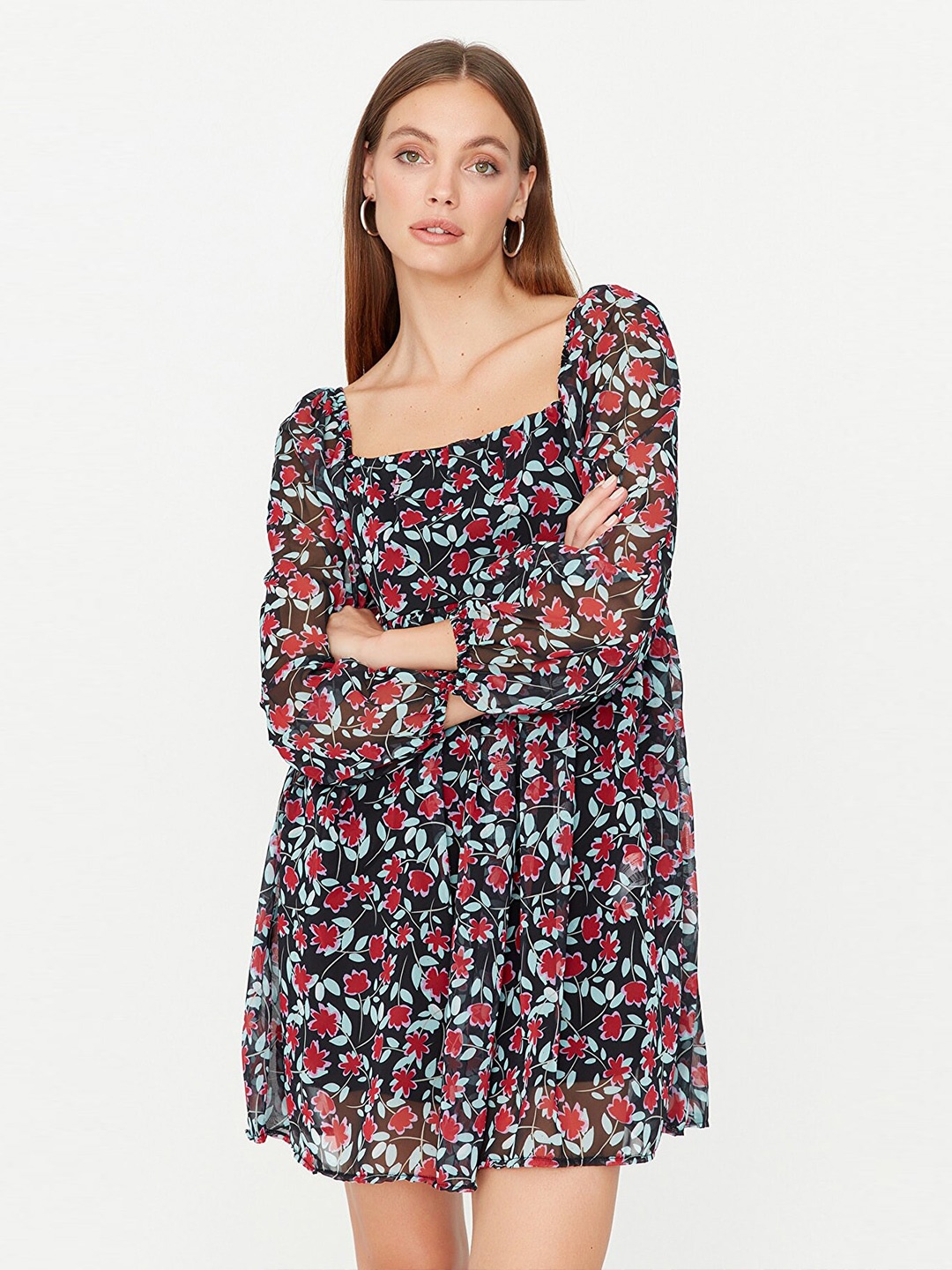 

Trendyol Women Black Floral Printed Fit & Flare Dress