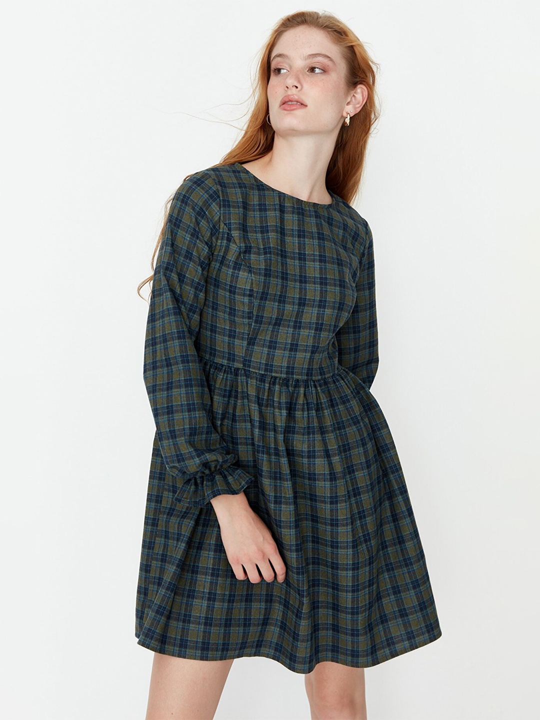

Trendyol Women Olive Green Checked Fit & Flare Dress
