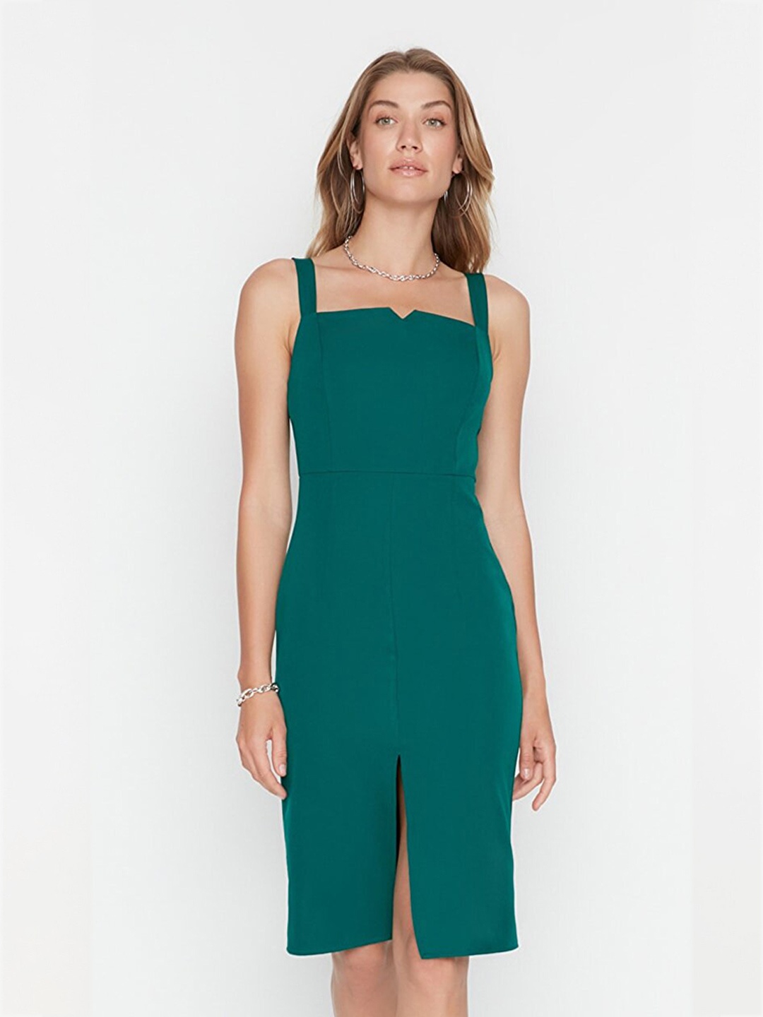

Trendyol Women Green Solid Front Slit Sheath Dress