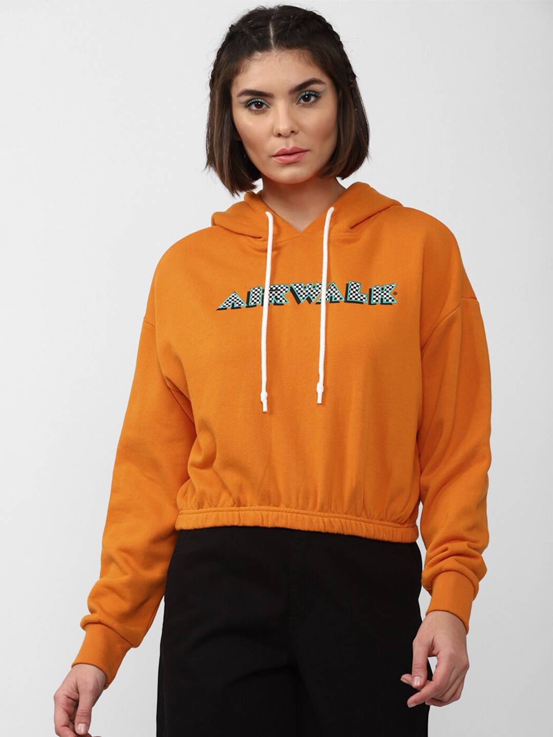 

FOREVER 21 Women Orange Printed Hooded Cotton Sweatshirt