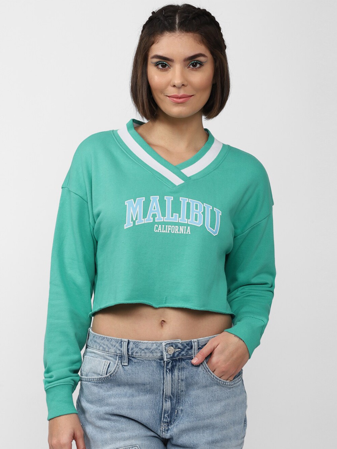 

FOREVER 21 Women Blue Typography Printed Pure Cotton Sweatshirt