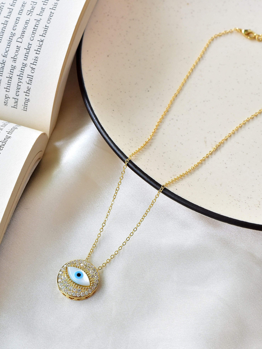 

Klissaa Women Gold-Toned & White Gold-Plated Mother Of Pearl Crystal Evil Eye Necklace
