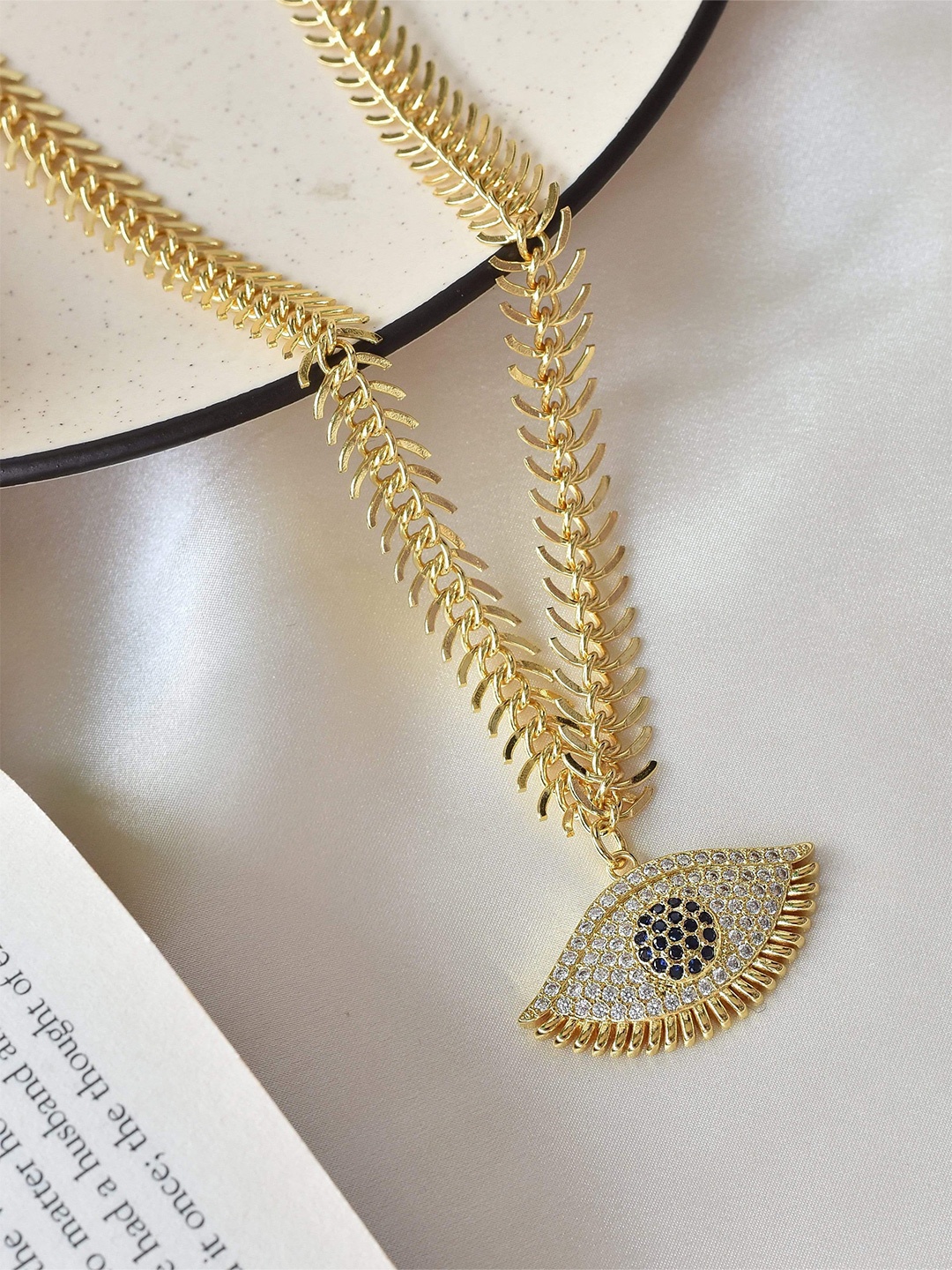 

Klissaa Gold-Toned White Brass Gold-Plated Statement Evil Eye Necklace