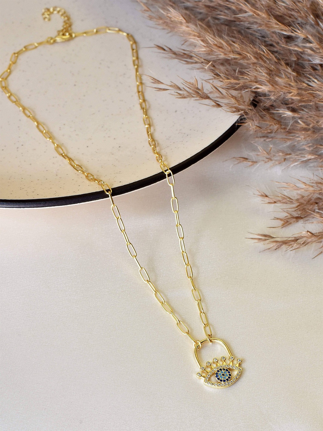 

Klissaa Gold-Toned & White Brass Princess Crown Evil Eye Necklace