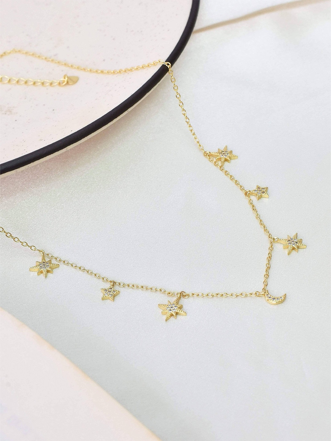 

Klissaa Gold Plated White Brass Stars Moon Charm Necklace