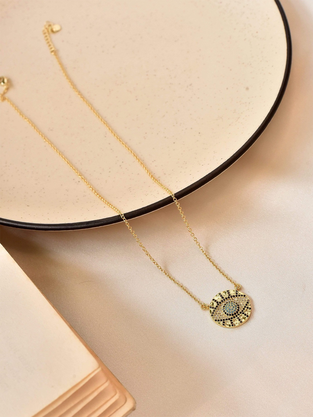 

Klissaa Gold-Toned Green Brass Round Evil Eye Gold Necklace