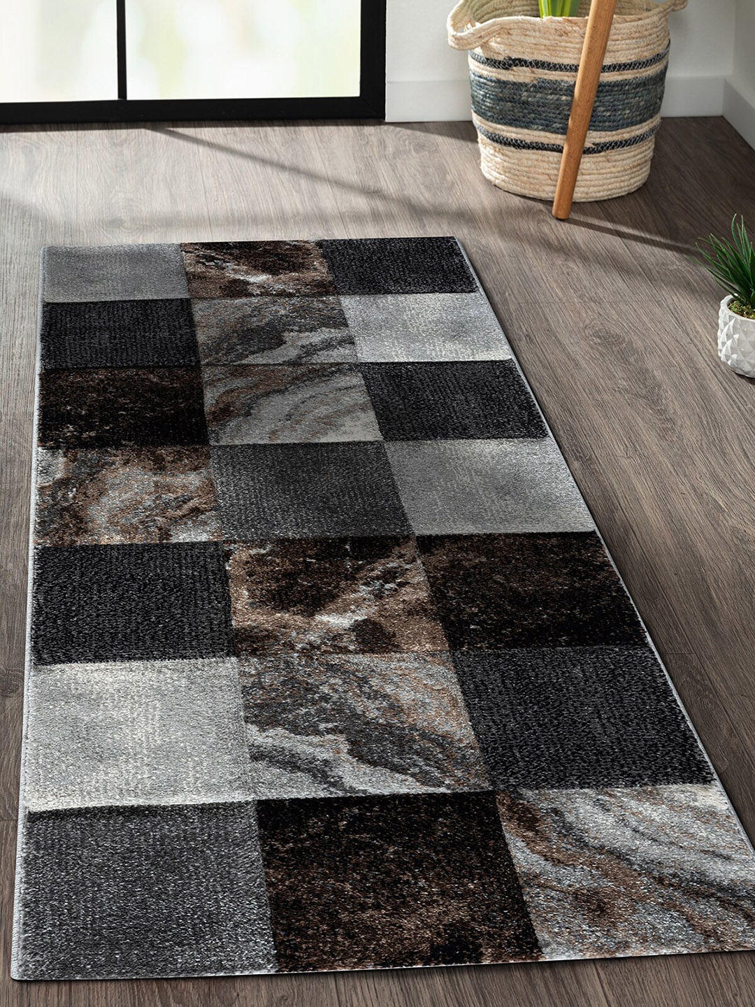 

OBSESSIONS Grey Checked Floor Runner